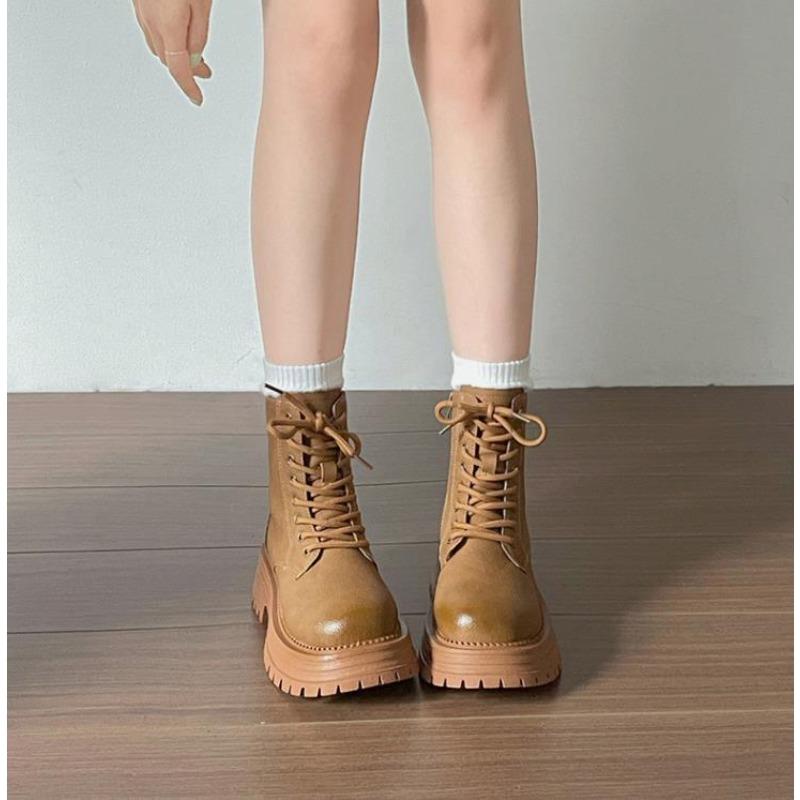 Mode Mode Damen Komfortstiefel mit dicker Sohle Vielseitige Plateau-Kurzstiefel für Herbst Winter Damenschuhe Retro Schnür-Botines