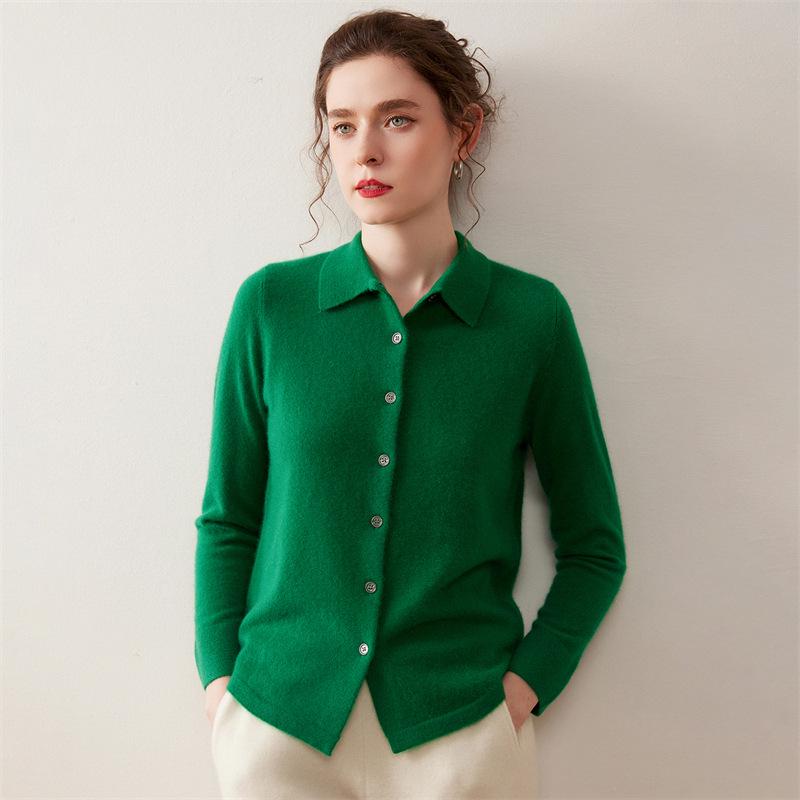 

Women s Cashmere Polo Collar Cardigan - Autumn/Winter Knit Long Sleeve Sweater S