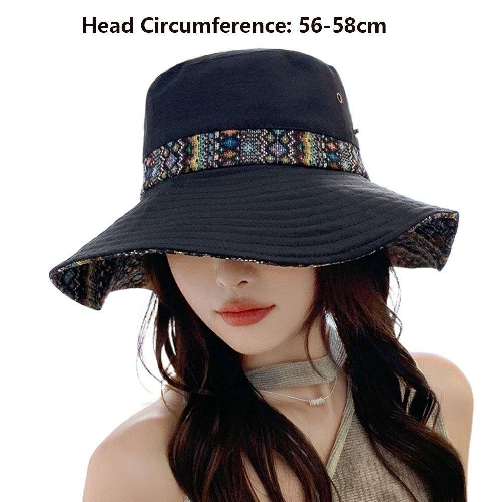 Floral Printed Women's Sun Hat Wide Brim Large Brimmed Wide Brim Bucket Hat Anti-UV Ethnic Style Mountain Climbing Hat Outdoor