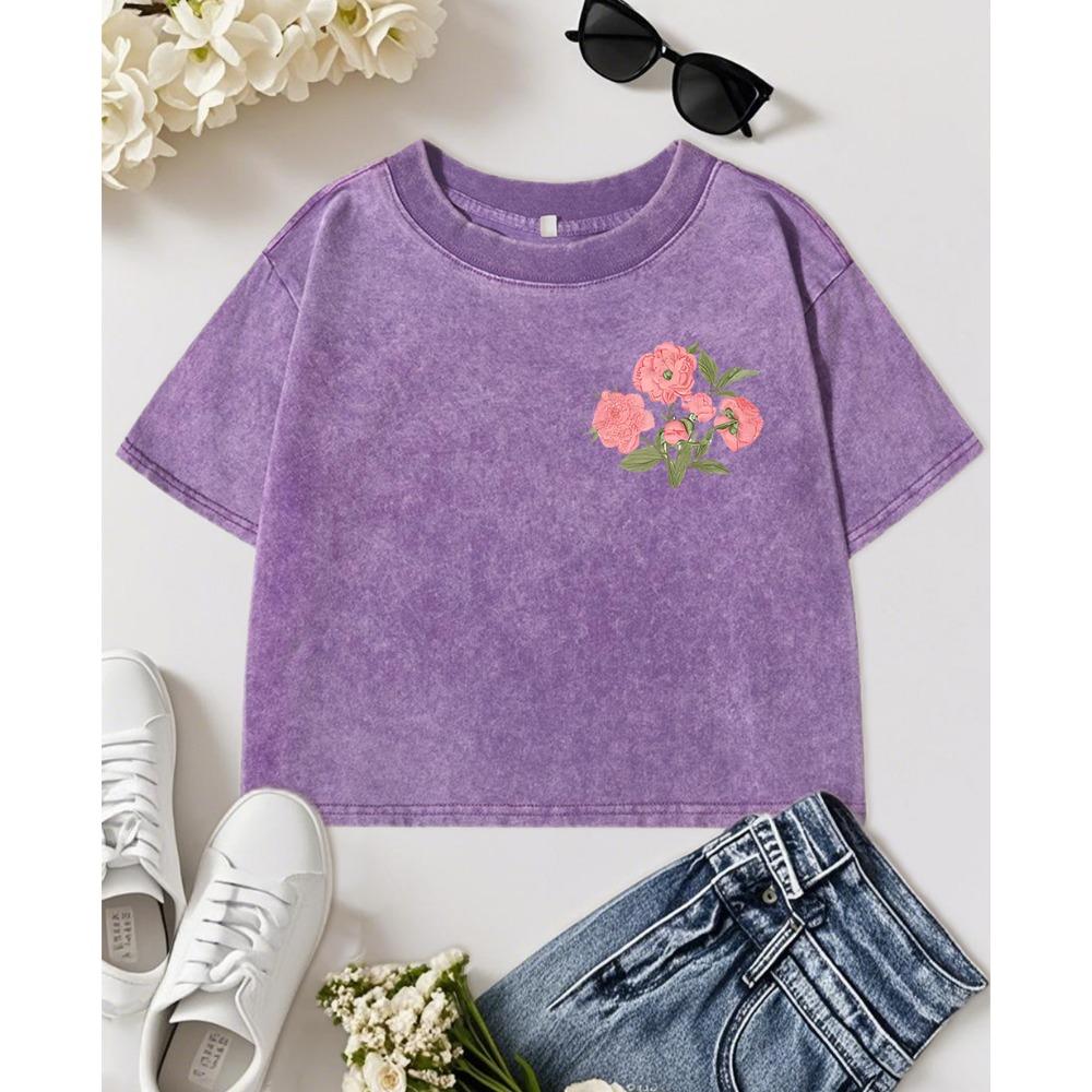 Pink Beautiful Flowers Forever Print Women Washed Slim T-Shirt Casual Short Sleeve Cotton Y2K T Shirts Soft Tops