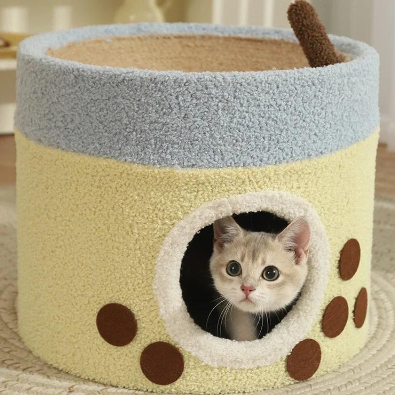 New Cat Nest Winter Warm Double Layer Cat Bed Sisal Cat Clasp Plate Milk Tea Appearance Closed Four Seasons Cat House Universal