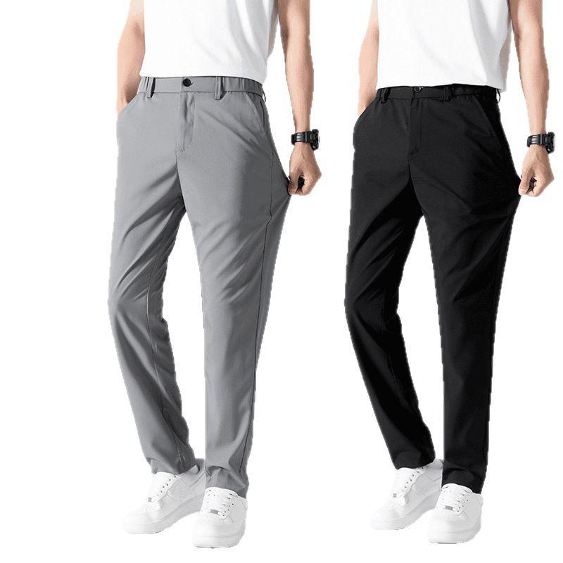 Pánské rychleschnoucí ledové hedvábné elastické pasové ležérní kalhoty - rovná nohavice, volný střih