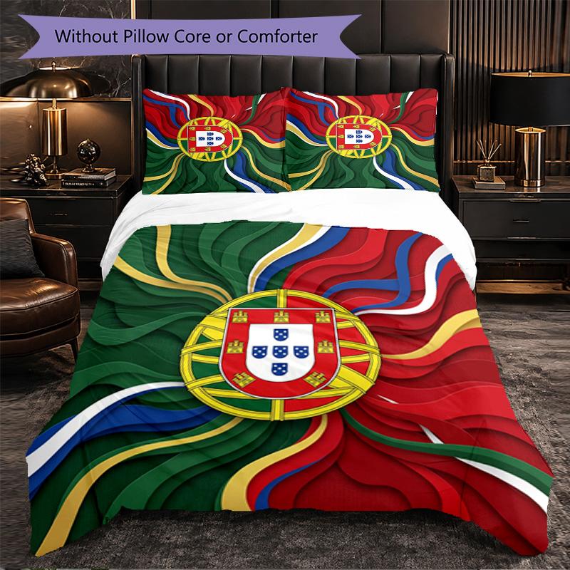 Portugal Football Pattern 3 Pieces Bedding Set Soft Microfiber Duvet Cover with Pillow Cases for Bedroom