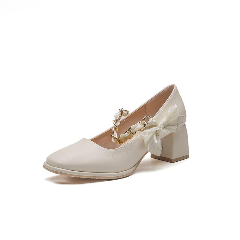 Retro bag head leather shoes 2025 summer new high-heeled thick-heeled lacquered simulated leather chain bow Mary Jane shoes