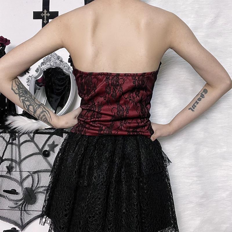 GlowGirl Top Corti in Pizzo Rete Gotico Neri Sexy con Spalline Sottili Corsetto Goth Punk Grunge Fairy Core Halloween Y2K Estetica Abbigliamento