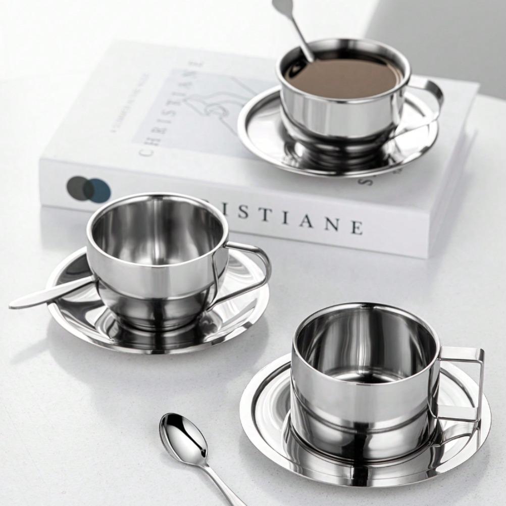 Stainless Steel Cup 3-piece Set Milan Coffee Cup Suit with Spoon Tray High Quality Stainless Steel Cups Set with Teapot