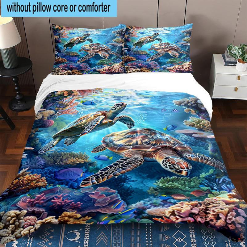 Cartoon Sea Turtle Artwork 3pcs Bedding,Including 1pc Duvet Cover And 2pcs Pillowcases Perfect for Christmas,Ideal for Bedroom, Dormitory