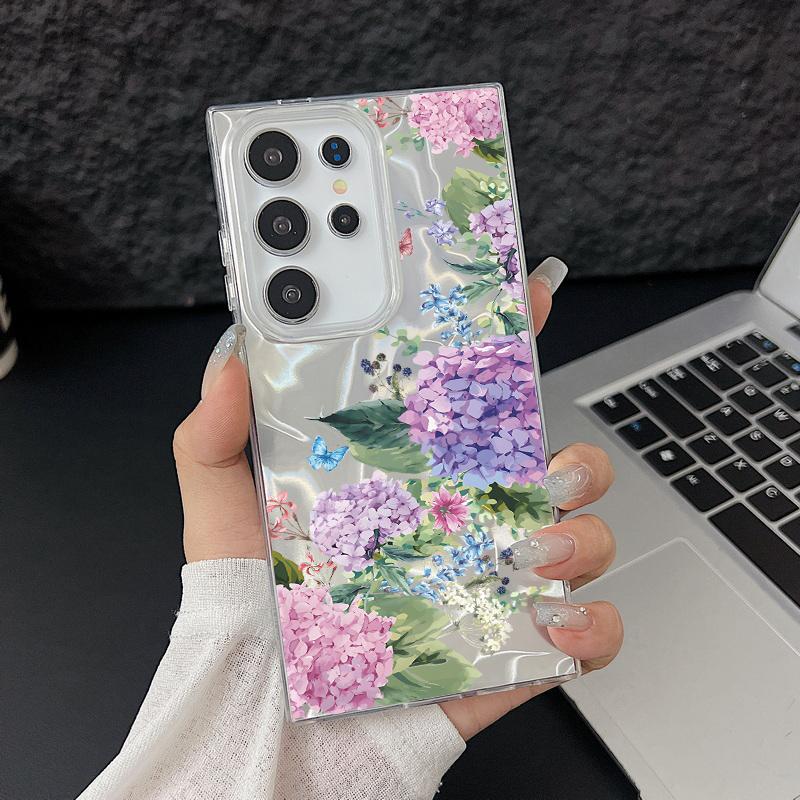 

Тонкий чехол для телефона с цветочным узором и перьями для Samsung S25 Ultra S24 FE S23 A56 A36 A16 A55 TPU, ударопрочный, с мягким краем, блестящий, жесткий, из поликарбоната, задняя крышка Samsung S25 Ultra фиолетовый