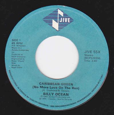 7inch Record BILLY OCEAN  Caribbean Queen No More Love On Th JIVE55X 1984 Canada Dance  Electronica Used