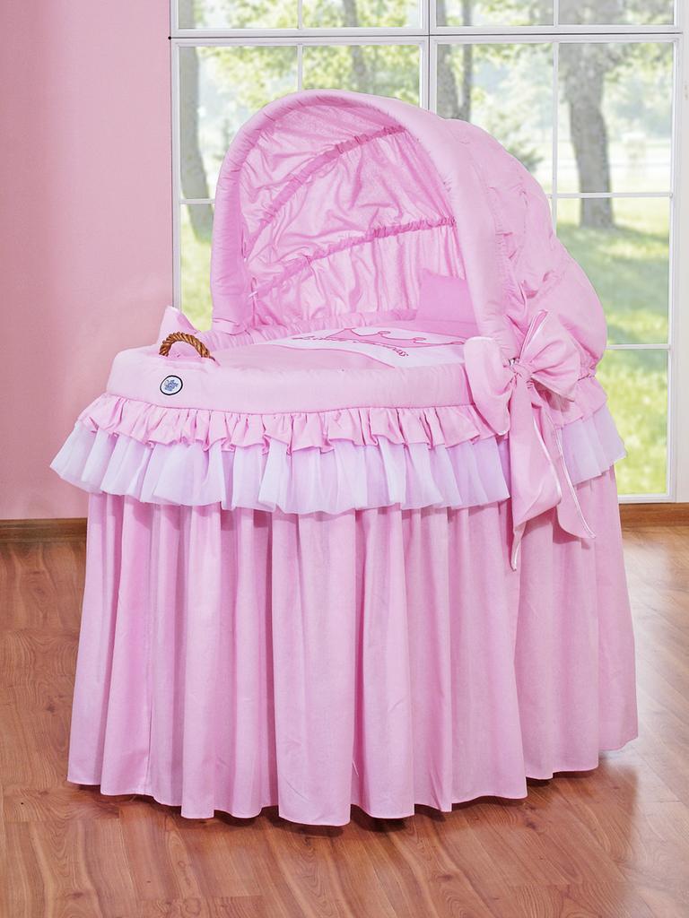 Wicker Moses Basket With Foldable Hood - Little Princess Pink