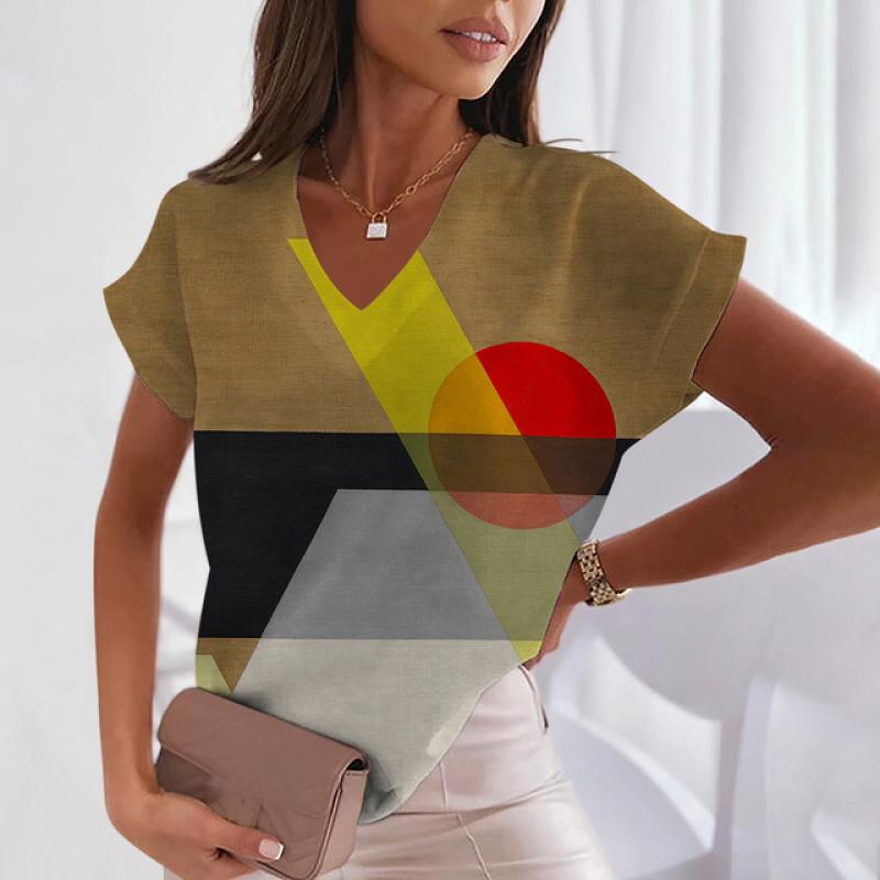 Women's T-Shirt Geometric Tees V-neck Striped Female Short Sleeve Casual Streetwear New T-shirts Fashion Y2k Girl Clothes