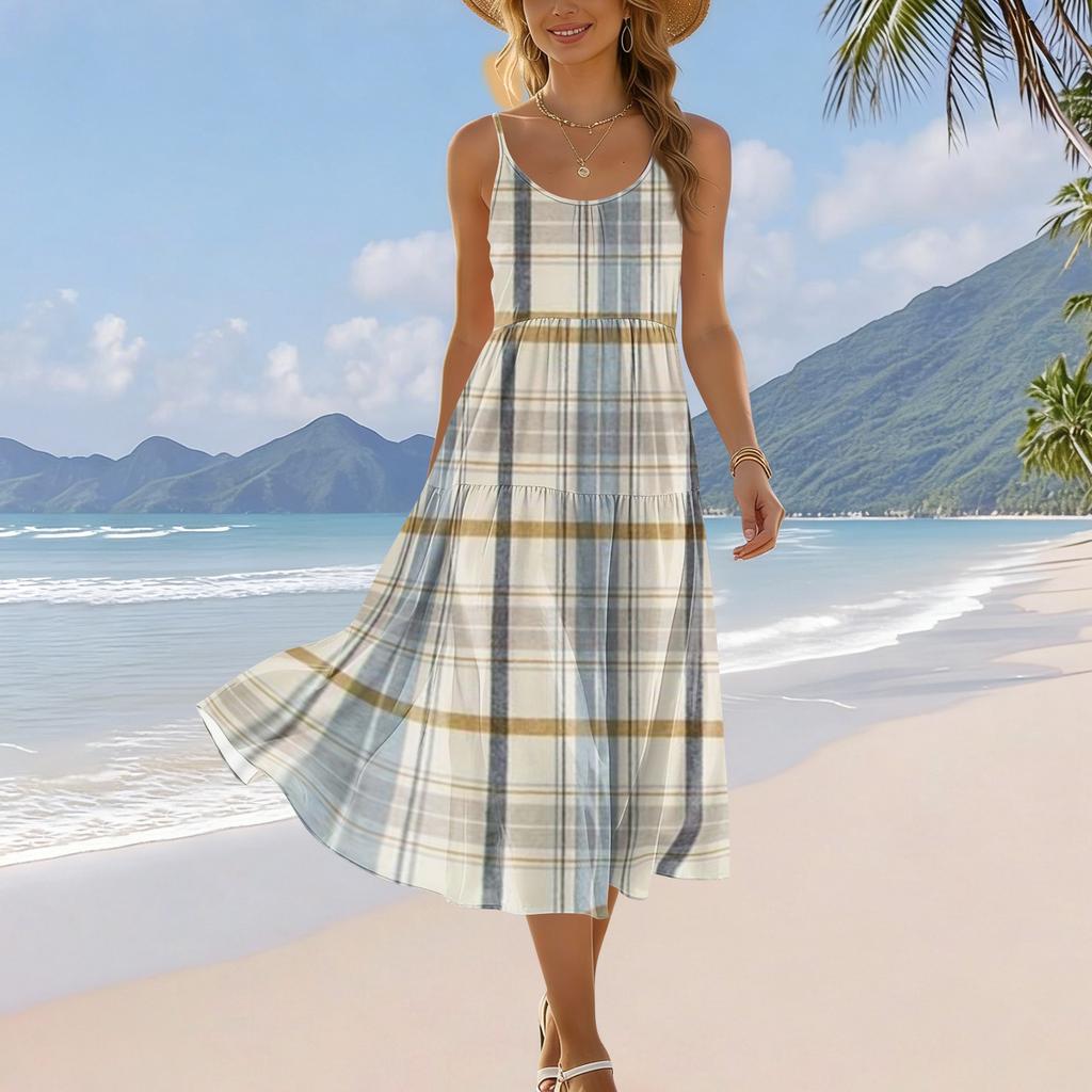 Damen Sommer Karo-Print Verstellbarer Träger Ärmellos Bohemian Lässig Strand Urlaubs Midi-Kleid mit Taschen