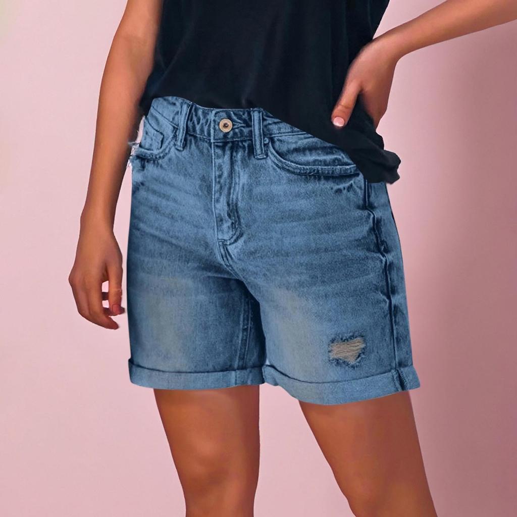 Jeans Feminino Cor Sólida Stretch Slim Fit Shorts Jeans Destroyed
