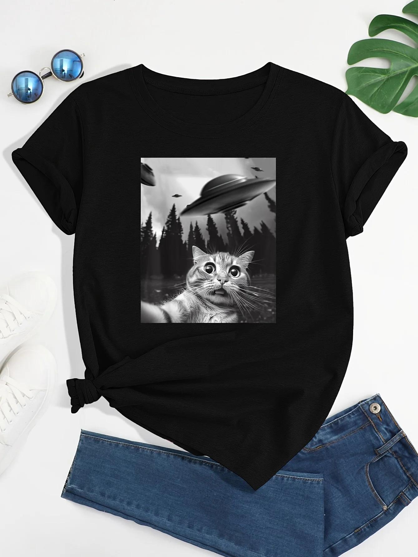 T Shirt Funny Cat UFO Print Crew Neck TShirt Casual Short Sleeve TShirt Spring Summer Womens Clothing S