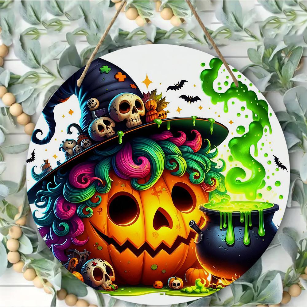 Colorful Spooky Pumpkin Witch Hat Print Round Wooden Hanging Plaque Wall Decor Front Door Sign Home Party Autumn Holiday Ornament Gift