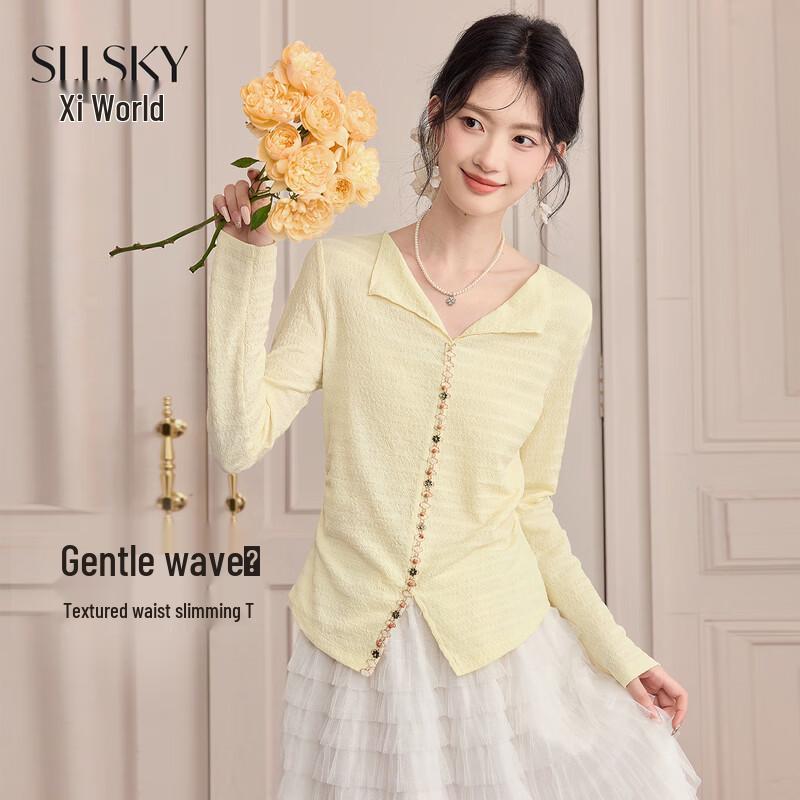 Sllsky Bohemian Lapel Long Sleeve Slim T-Shirt S