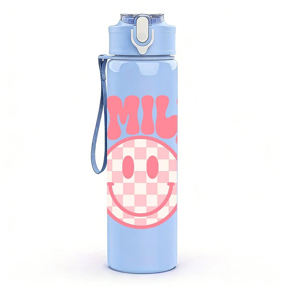 1PC Checkered Smile SMILE Letter 750ml Color Plastic Sports Water Bottle Leakproof Flip Straw Lid Suitable for Sports Office Home Use