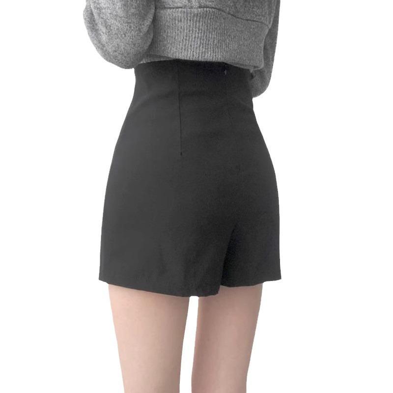 Schwarze knielange Rockhose für Damen - Sommerliche schlankmachende High-Waist-Rockshorts mit Schlitz
