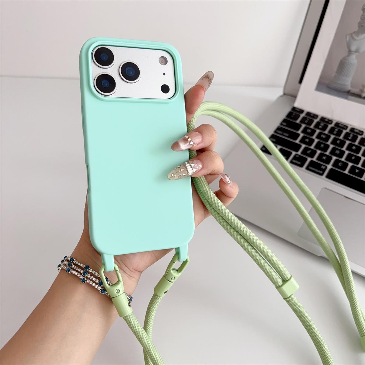 

Silicone Phone Case for IPhone 17 Air 16 16E 15 14 Plus 11 13 12 Mini Pro Max Crossbody Lanyard Candy Color Soft TPU Back Cover iPhone17 циан