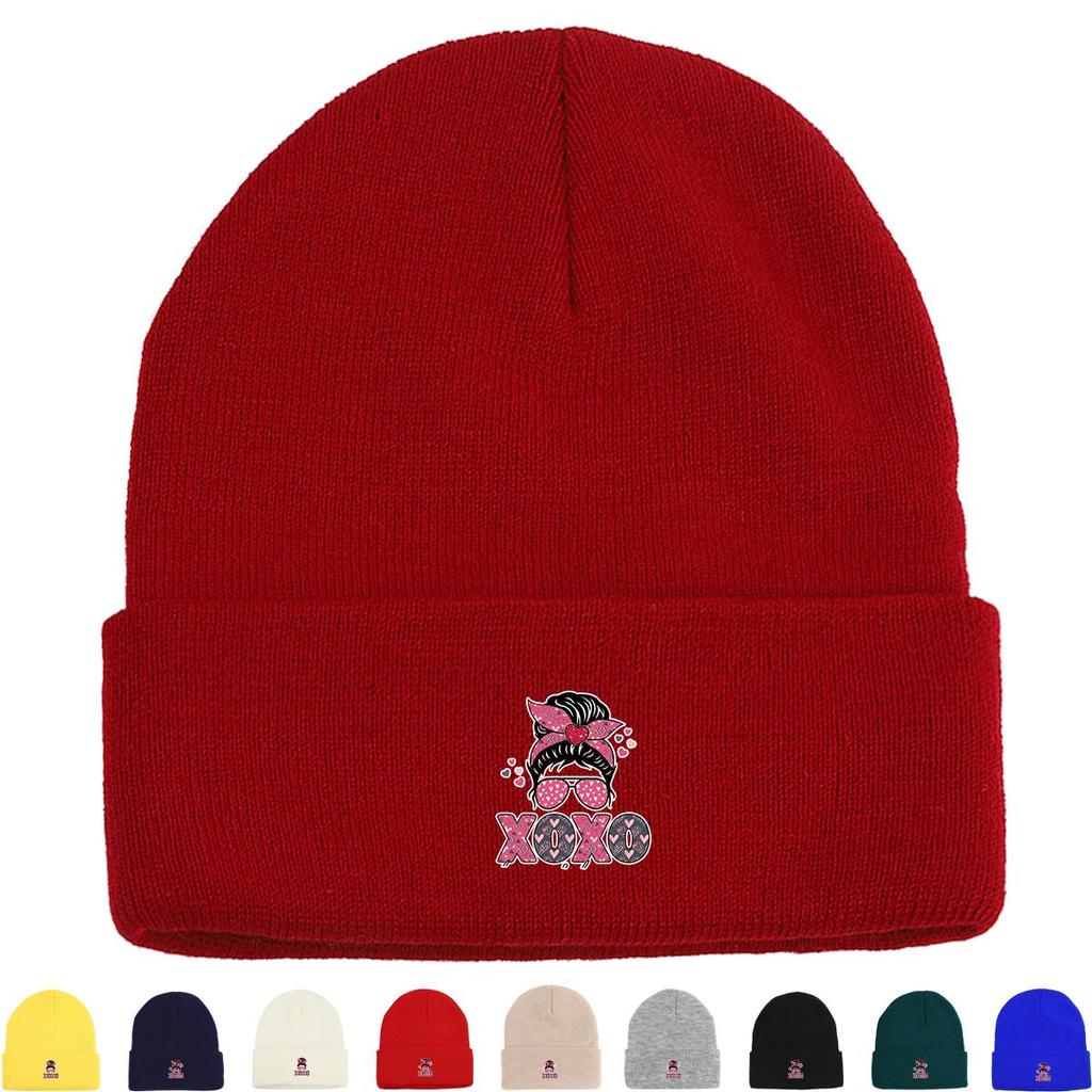 XOXO" Valentine's Day Print Knit Hat Beanie, Sunglasses Lady Skull Cap Stretchy Autumn Trendy Bonnet Knitted Cap Beanie
