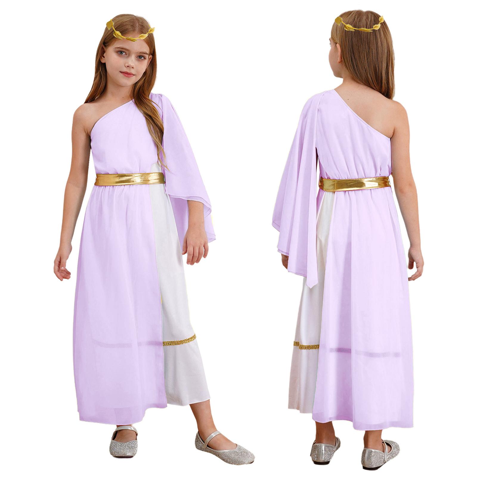 

Kids Ancient Goddess Toga Dress Asymmetrical Design Leaf Headband Mythology Cosplay Costume 5-6 Years лавандовый