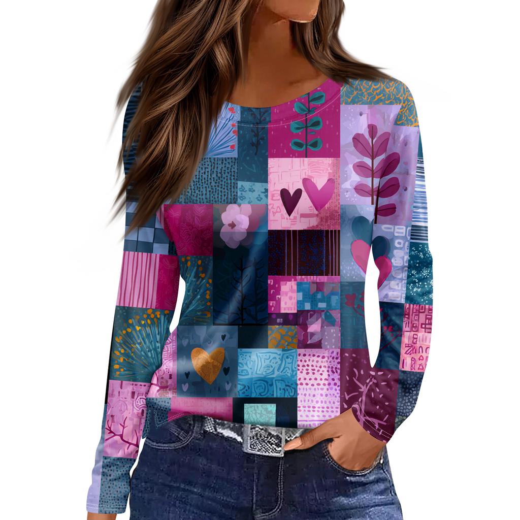 Women's Fashion Hem Slit Casual Retro Floral Print Round Neck Long Sleeve Top