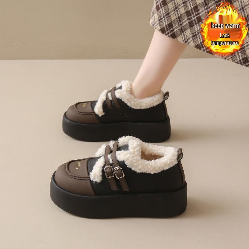 Dámské mokasíny na silné podrážce, kožené Mary Janes s velurovou podšívkou, podzimní/zimní teplé bavlněné boty, britský styl, off-white/černé.