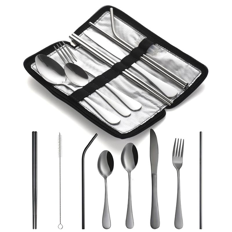 10Pcs Portable Utensils Travel Camping Cutlery Set Stainless Steel Tableware Set Knife Fork Spoon Chopsticks Straw Brush Gift
