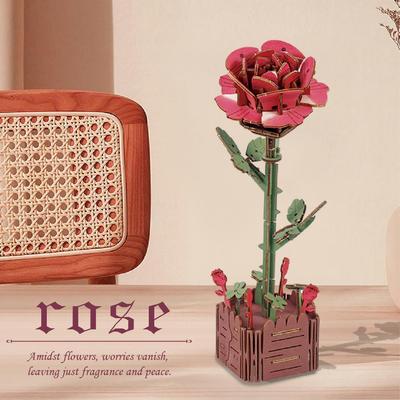 3D Wooden Flower Puzzle Kit for Adults DIY Botanical Bouquet Building Set Wood Sunflower/Rose Floral Craft Kit for Stress Relief