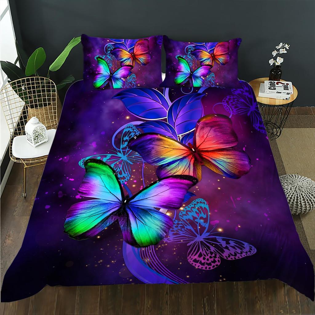 Butterfly Duvet Cover Set Queen King Size Sparkly Blue Butterflies Bedding Set Boho Style Quilt Cover Set For Girls Kids 3 Pcs