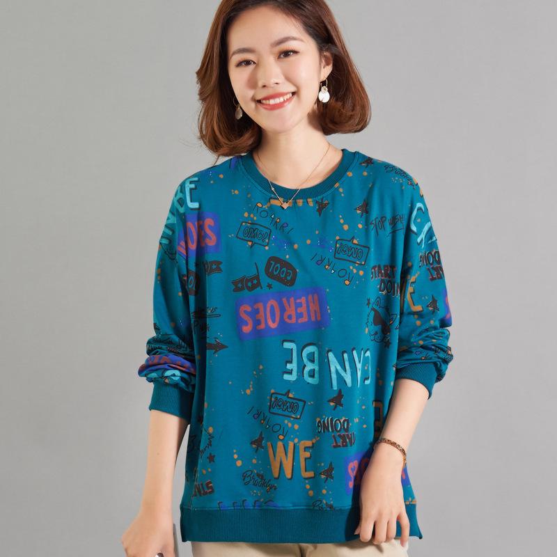 Clearance Spring Loose Fit Round Neck Print T-shirt for Middle-Aged and Elderly Women - Pure Cotton Slimming Sweatshirt
