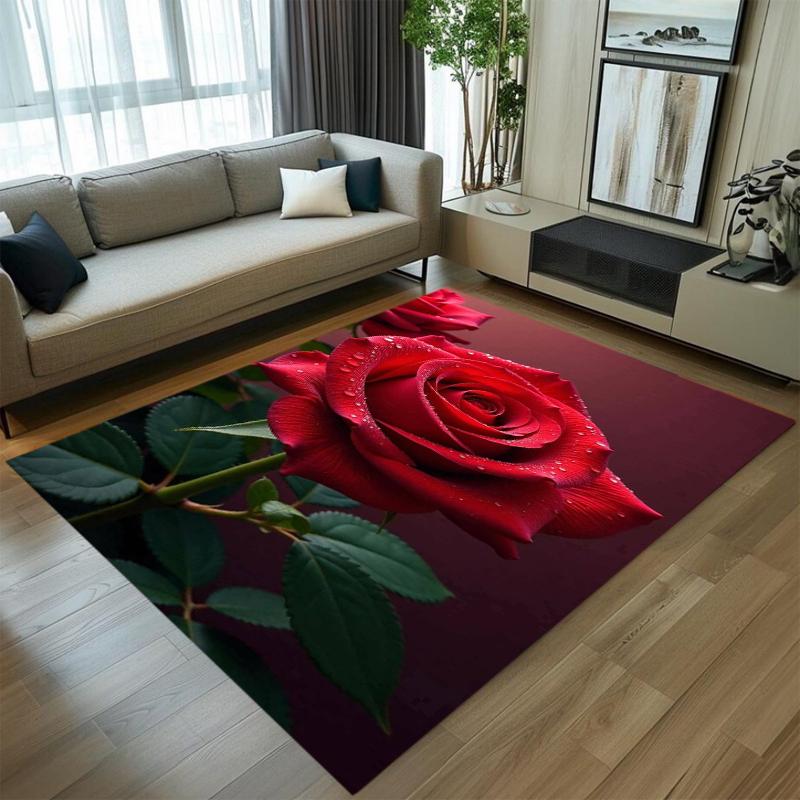 Realistischer Rosenblüten-Bereichsteppich Teppichmatte Heimdekoration Rote Rose Blühendes Muster Rutschfester Bodenteppich für Wohnzimmer Heimteppich