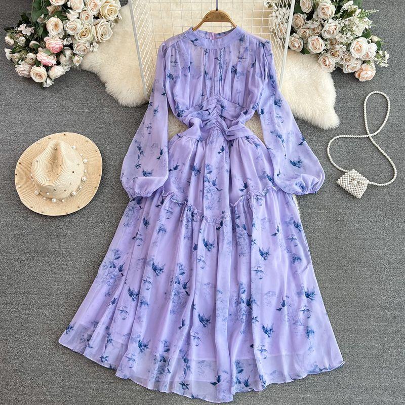 

Accessible Luxury Lantern Long Sleeve Stand Collar Elegance Chiffon Dress Purple All yards