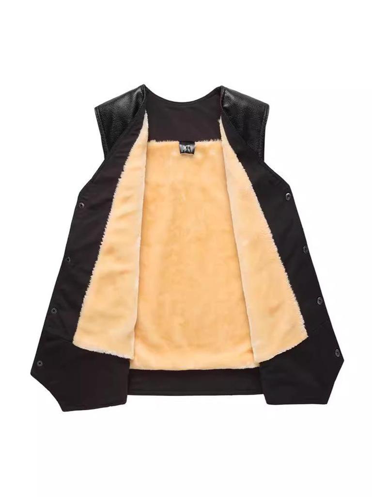 Men's Winter Leather Vest with Sloping Shoulder and Plus Velvet, Casual Warm Plus Size Waistcoat