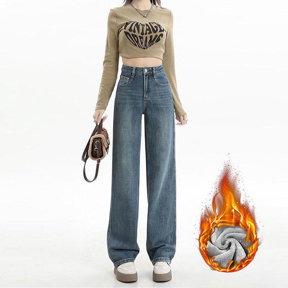 Women's High-Waist Wide-Leg Jeans with Velvet Lining - Autumn/Winter Slim Fit, Thick, and Warm Straight Trousers
