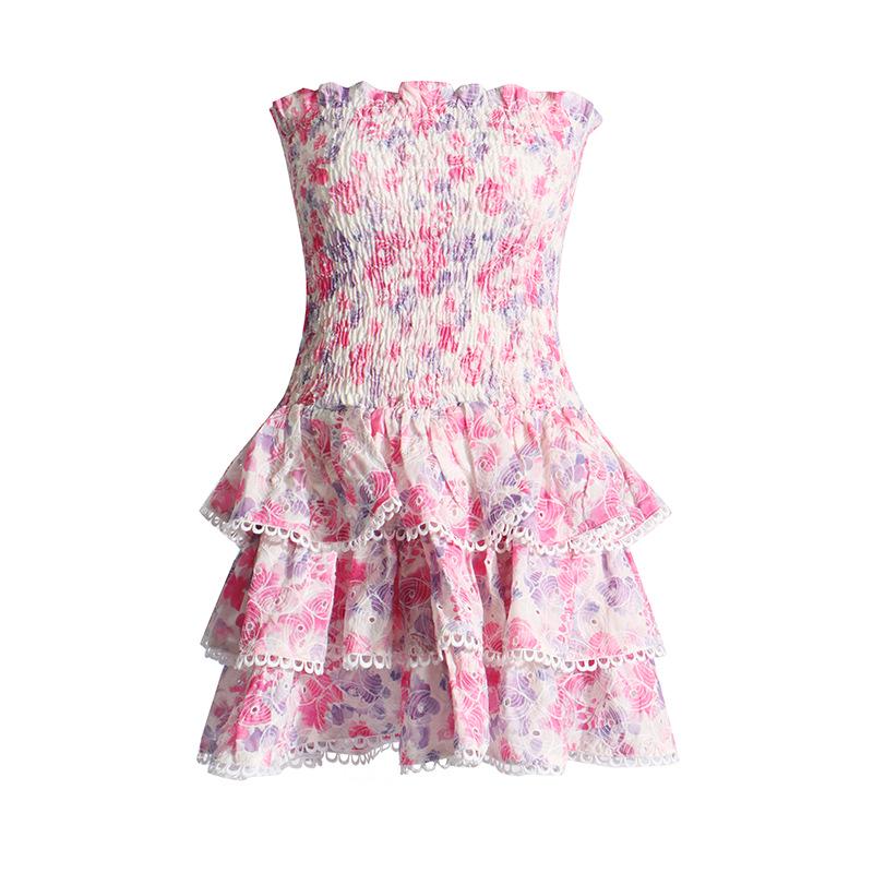 Spring 2025 Fashion: Sexy Tube Top Dress with Printed Lace and Waist-Slimming Design