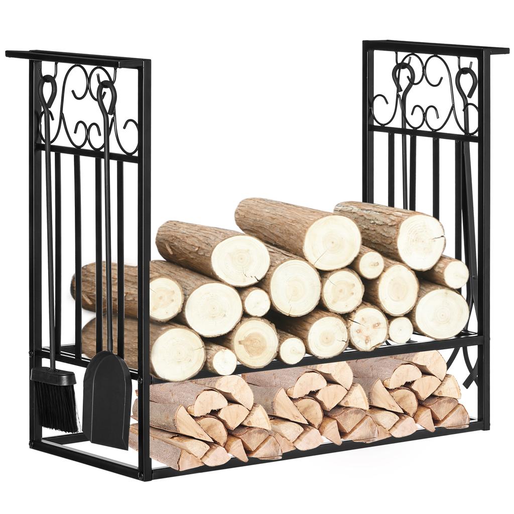 Fireplace Log Rack Tool Set, Multi-Accessory, 75 x 30 x 60 cm, Black Steel
