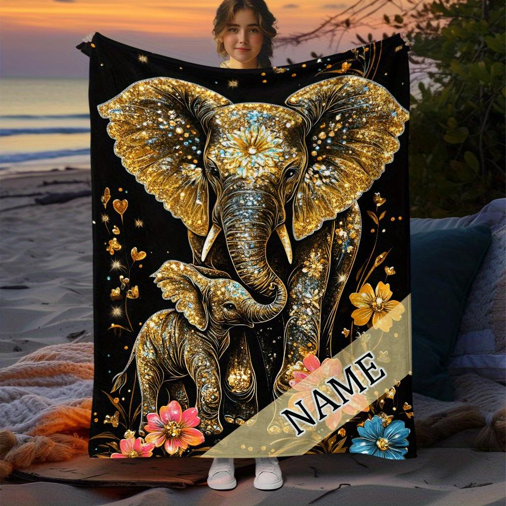 Customizable 1pc Golden Elephant Print Fleece Blanket, Lightweight Flannel Throw for Sofa, Bed, Travel, Living Room, Office, Cou
