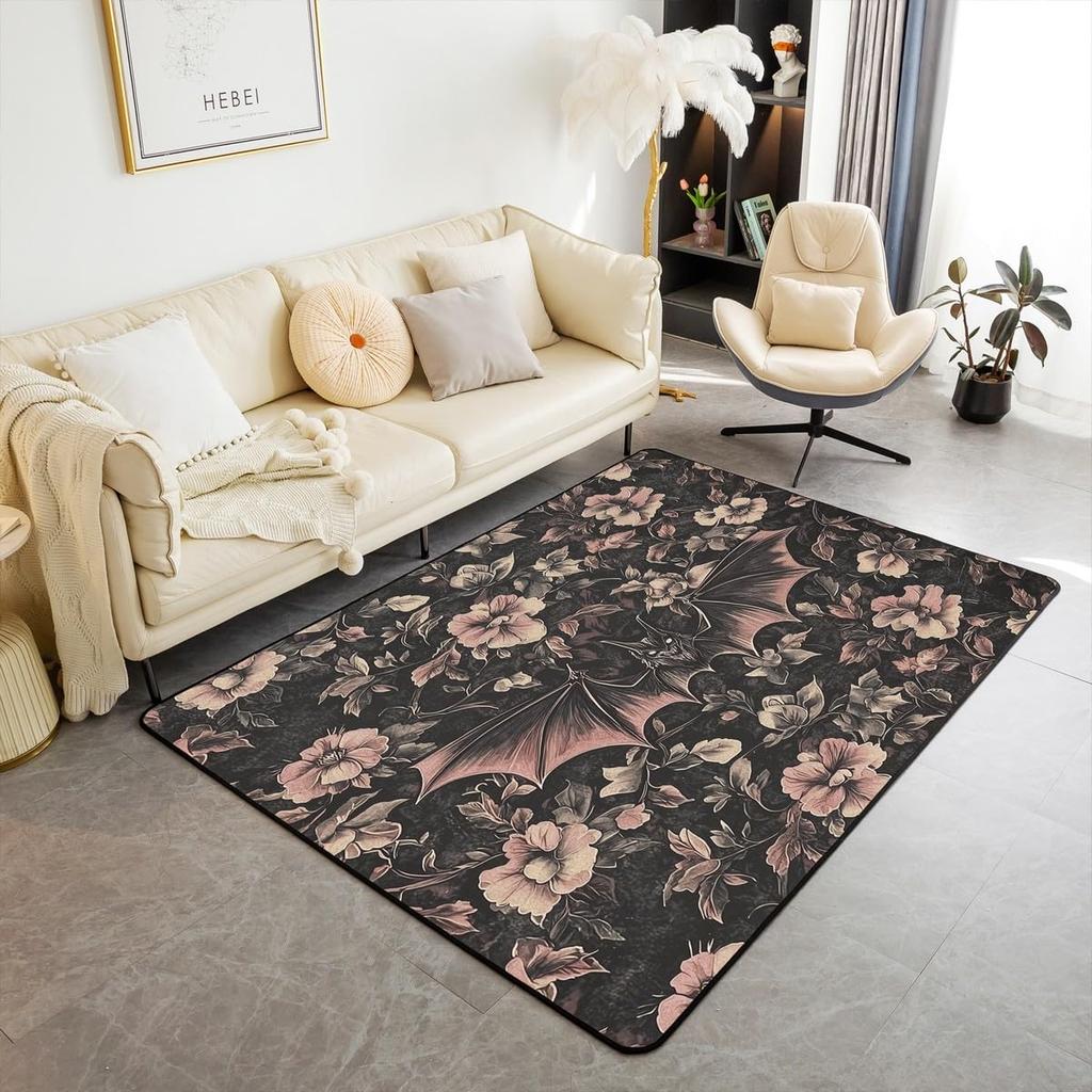 Cute Black Bat Large Area Rug 5x7, Floral Plant Leaves Living Room Rug, Starry Sky Moon Galaxy Rugs for Bedroom Boho Exotic European Style C