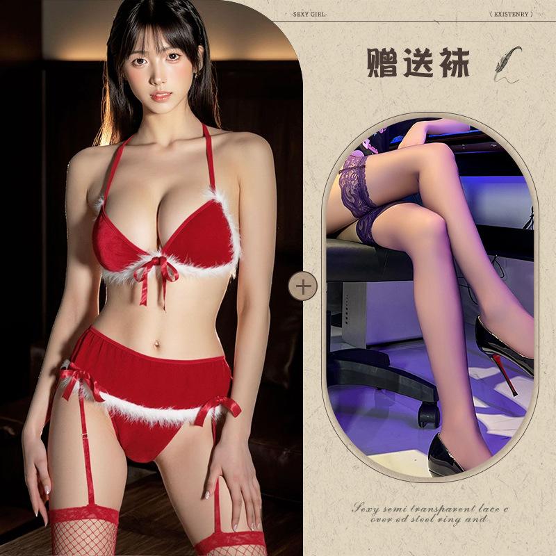 Sexy lingerie sexy christmas red gift seduction plush butterfly three-point garter