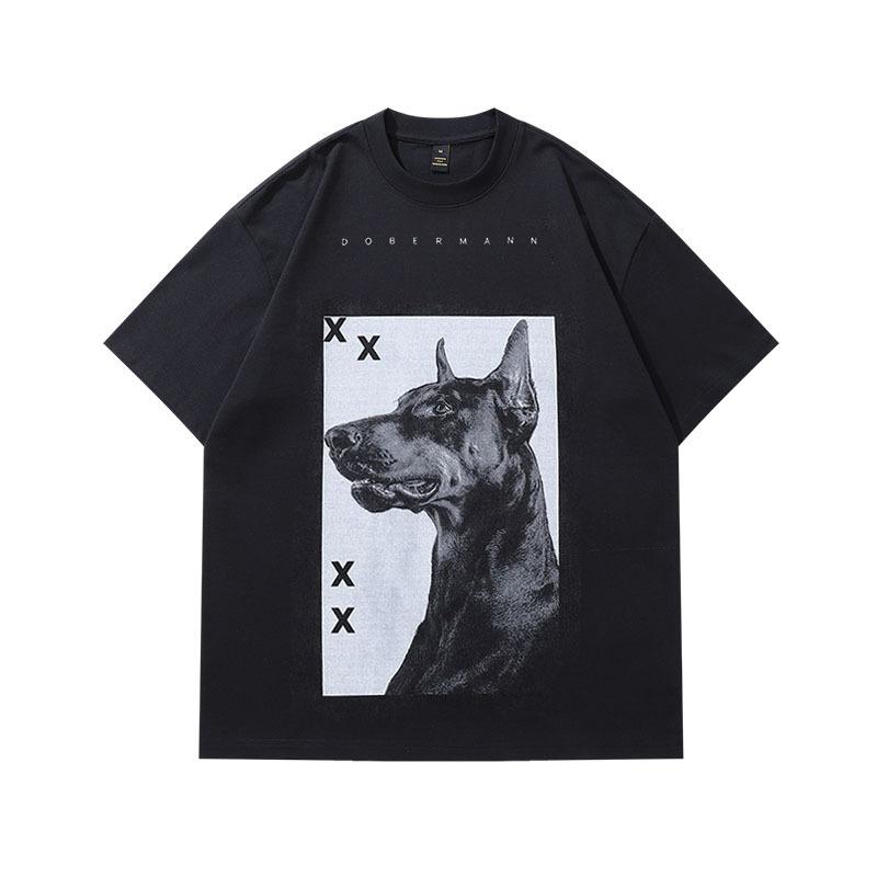 T-shirt a manica corta lavata effetto invecchiato con stampa Doberman, Direct Spray, High Street, Brand Trendy Retro Americano, Maglietta a mezza manica da uomo e da donna