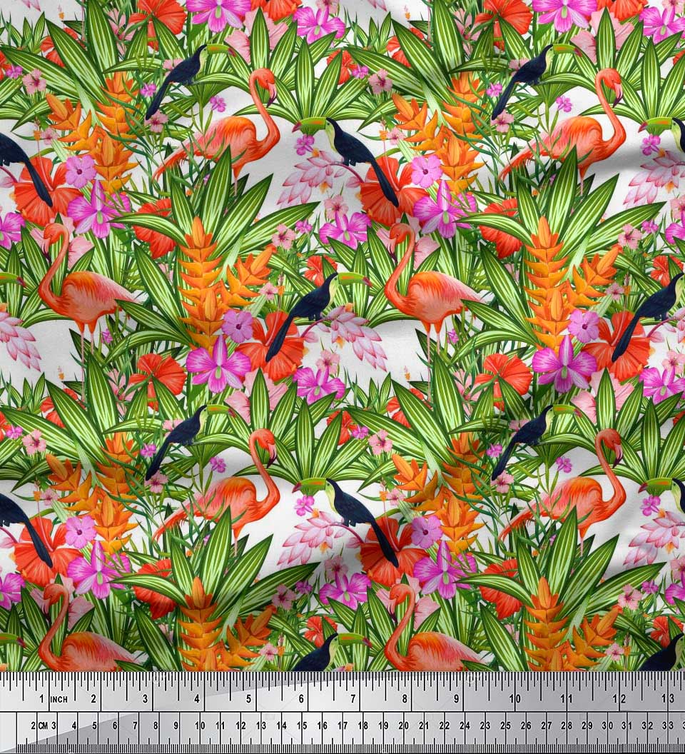 

Японська креп-атласна тканина Soimoi з квітковим декором, туканом і фламінго. Декоративна тканина з принтом, 42 дюйми 42 Inch Wide - Poly Crepe білий