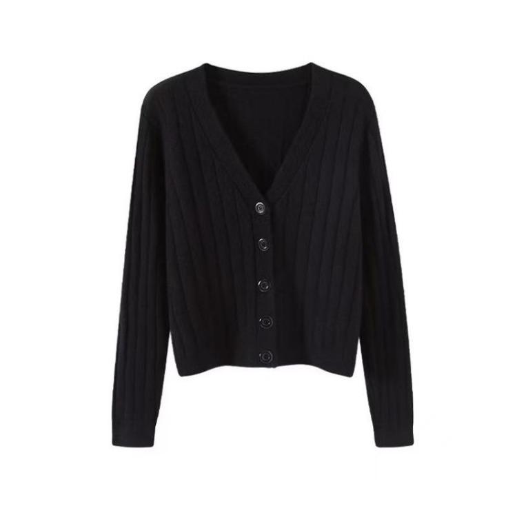 Women's V Neck Knitted Cardigan Short Jacket Loose Long Sleeve Autumn Versatile Outfit Top Sweater