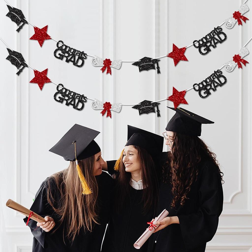 Black and Red Congrats Grad Banner Graduation Decorations Class of 2026 Glitter Star Grad Cap Certificate Bunting Garland for Graduation Party