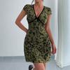 Damen Sommer Sexy Blumen bestickt V-Ausschnitt Farbe Kontrast Rand A-Linie Kleid