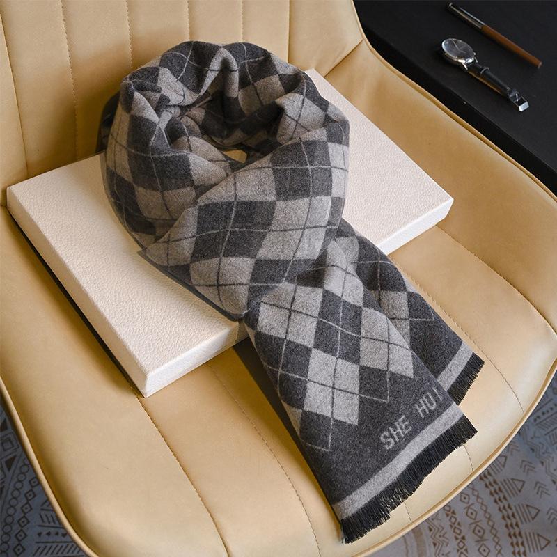 Men's Wool Scarf Autumn and Winter Warm Thickened Plaid Scarf Business Leisure Birthday Gift Men's