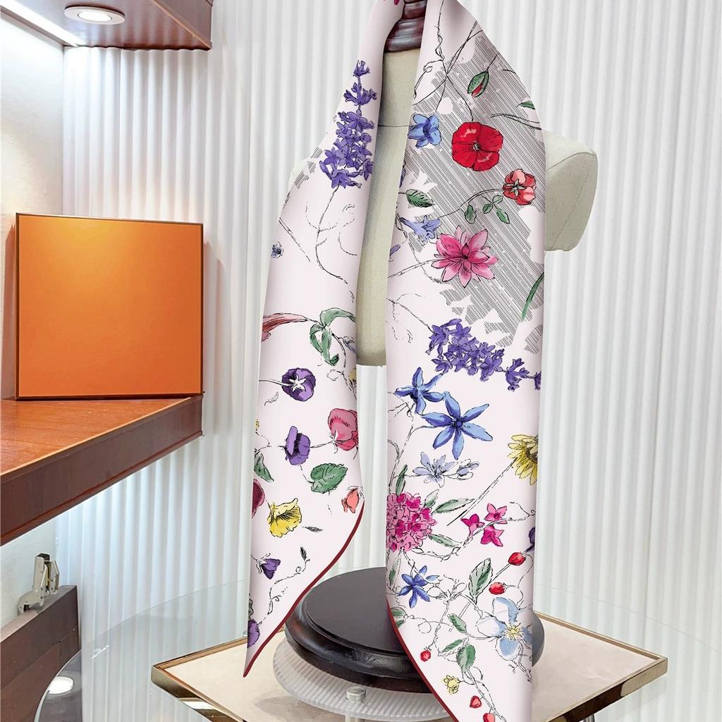 French Style 90CM Square Twill Scarf Shawl Hijabs Luxury Plant Floral Printed Bandana Foulard Neckerchief For Ladies