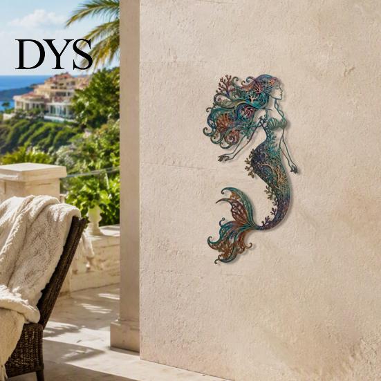 Beach House Wall Accents Metal Mermaid Decoration, Three-dimensional Hollow Iron Art Vintage Style Ocean Decor Sculpture, Retro Hanging Figures