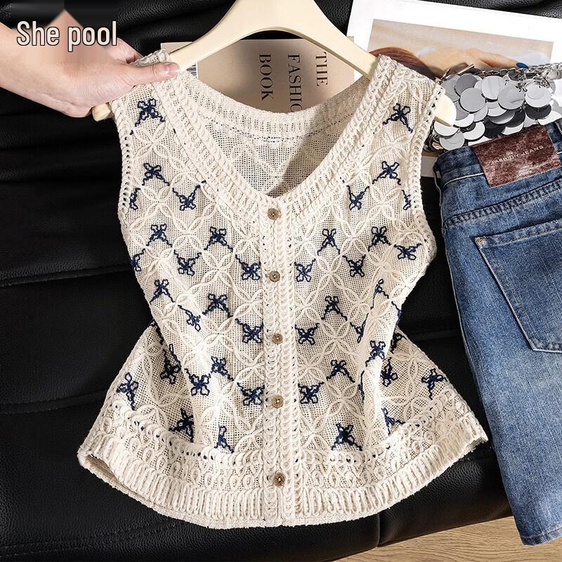 Women s Elegant V-neck Embroidered Layering Vest One Size
