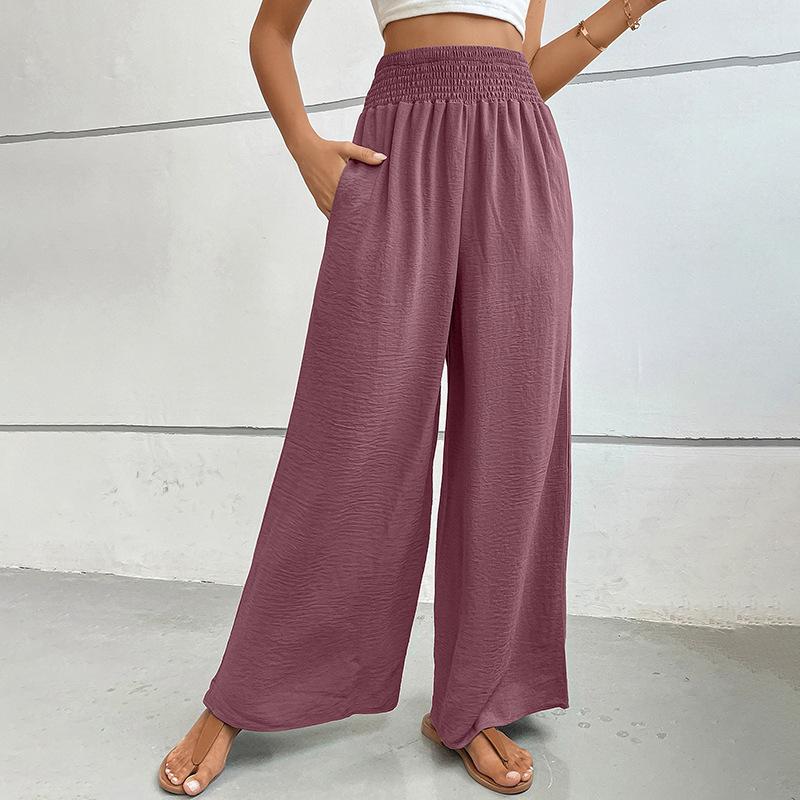 Summer High-waisted, Casual, Simple Solid-color Loose-fitting Wide-leg Pants with Elastic Waists